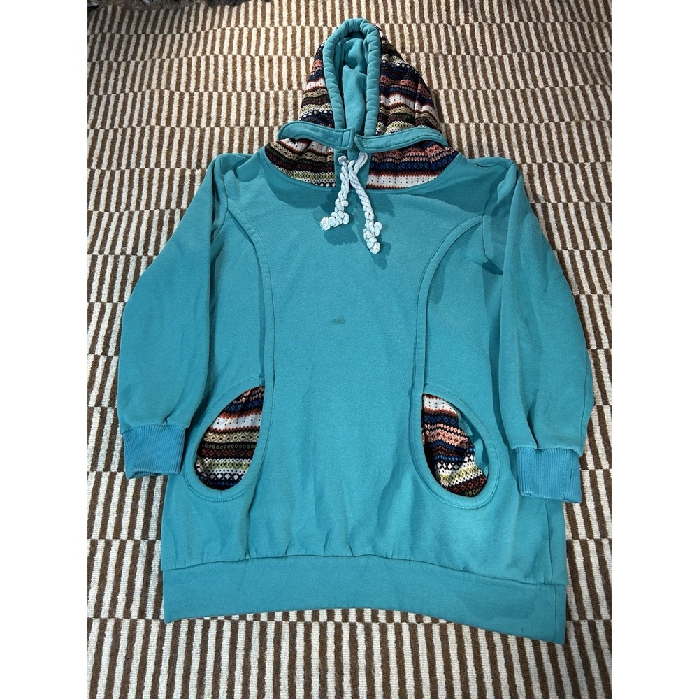 Allegra K Womens Large Teal Hoodie Tunic Fair Isle Hood Sweatshirt Hippie